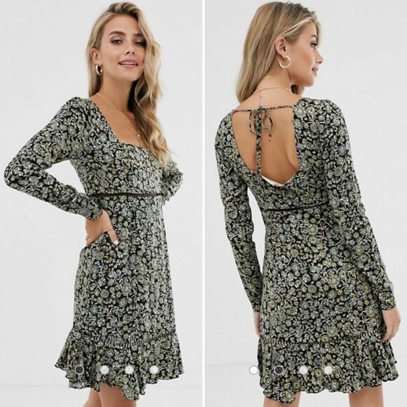 Free People Boheme Dress 4 Small Black Green Long Sleeve Floral Mini A-Line - Picture 2 of 15